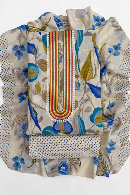 Vintage Floral & Polka Dot Hand-Block Unstitched Cotton Suit Set