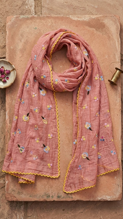 Elegant Blush Floral Embroidered Mul Chanderi Lace Stole
