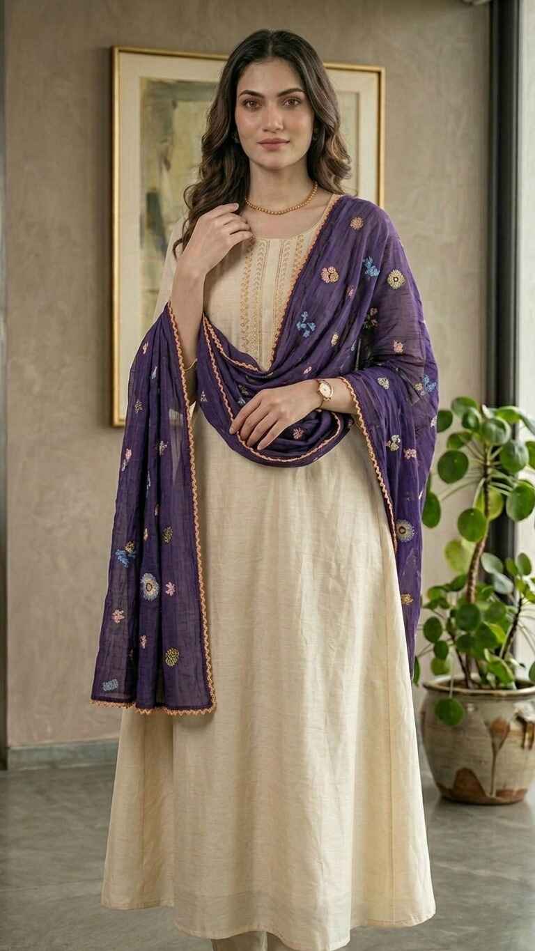 Royal Purple Floral Mul Chanderi Embroidered Lace Stole
