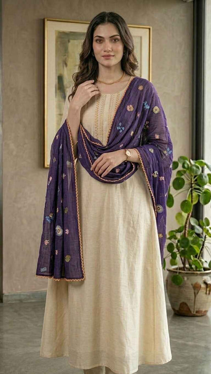 Royal Purple Floral Mul Chanderi Embroidered Lace Stole