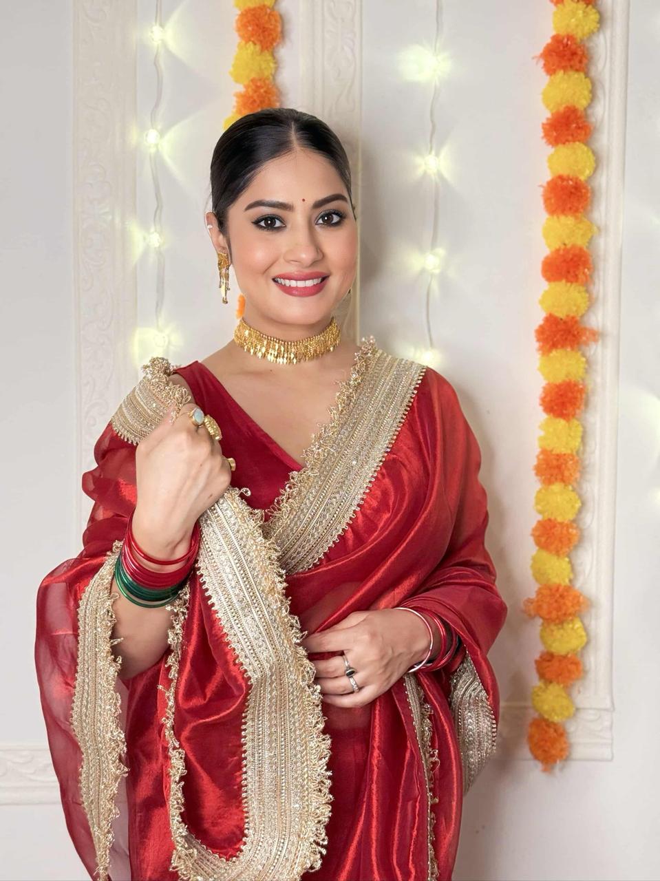 Ravishing Scarlet Radiance Tissue Saree with Luxe Hand Embellished Border