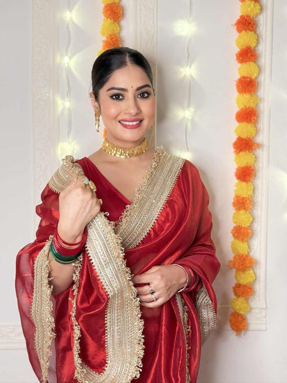 Ravishing Scarlet Radiance Tissue Saree with Luxe Hand Embellished Border
