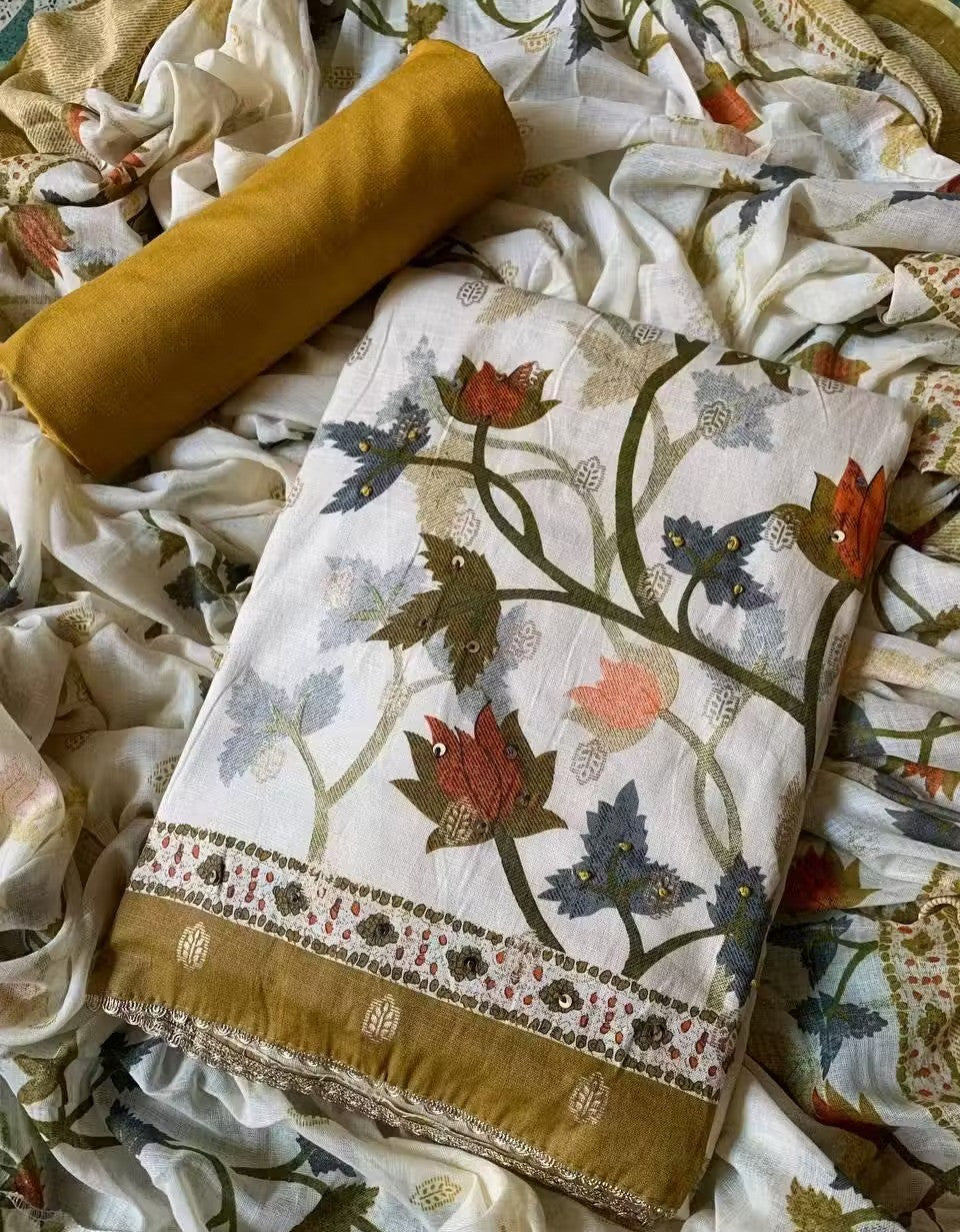 Mustard & Olive Botanical Unstitched Suit Set