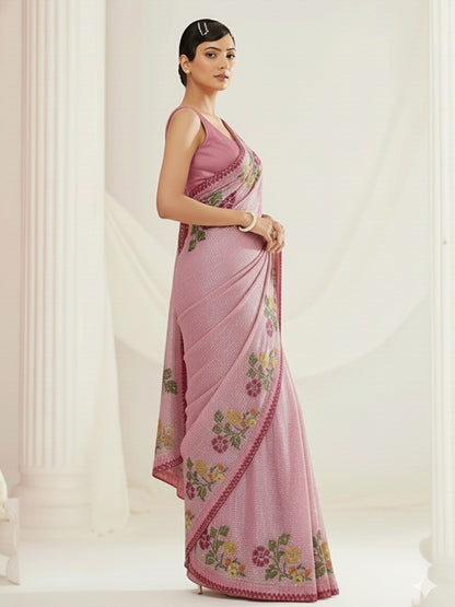 Pink Rose Mist Floral Embellished Luxe Sequins Saree with Unstitched Blouse