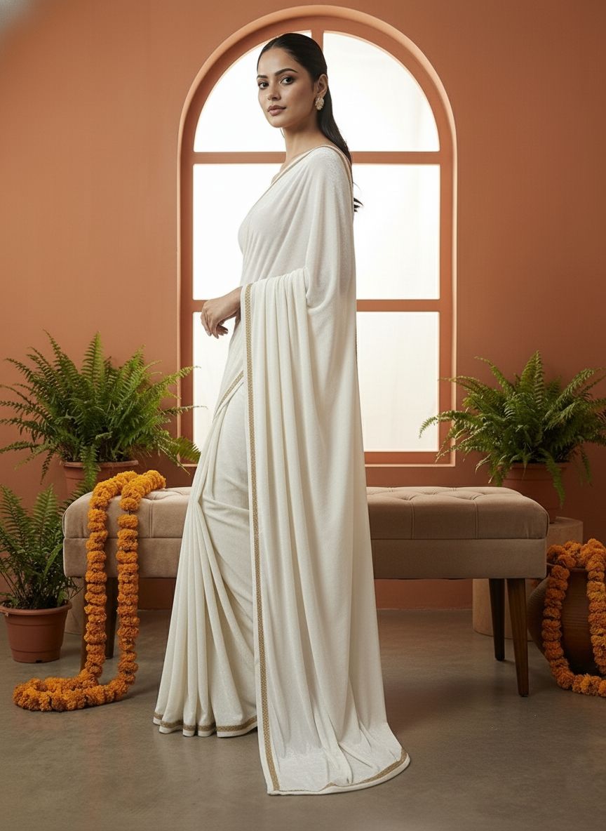 Classic Off-White Velvet Evening Designer Saree with Blouse Fabric