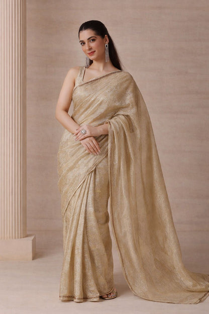 Regal Silver Gold Shimmer Embroidered Crush Tissue Saree with Blouse Fabric