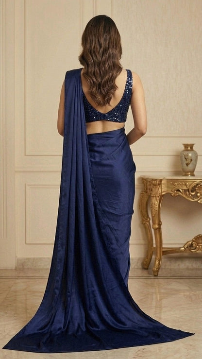 Midnight Muse Navy Satin Saree With Sequins Blouse 