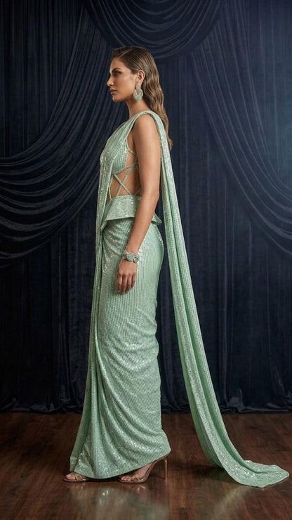 Mint Mirage Sequin Glam Saree with Blouse Fabric