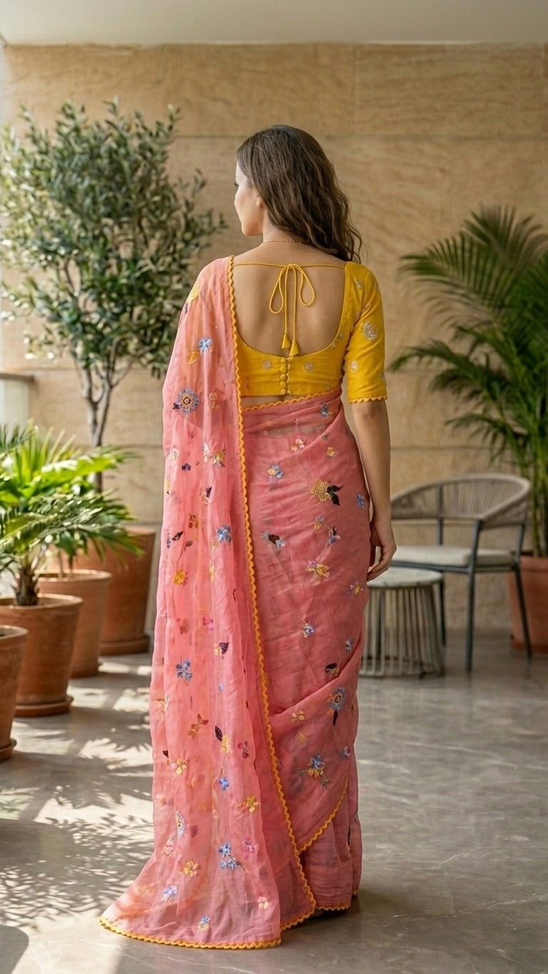 Rosy Charm Pure Mul Chanderi Embroidered Saree with Blouse Fabric