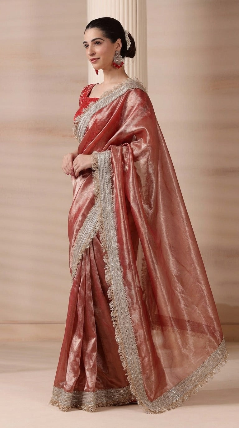 Dreamy Rose Gold Radiance Premium Tissue Saree with Blouse Fabric