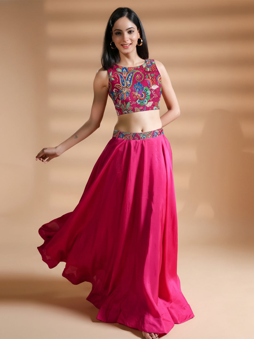 Azalea Pink Floral Embroidered Silk Skirt Set