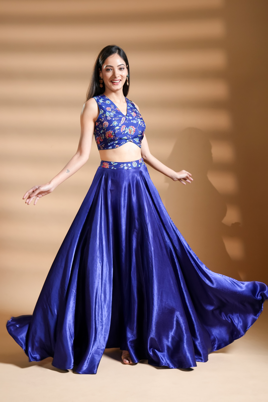 Designer Floral Embroidered Blue Silk Skirt Set