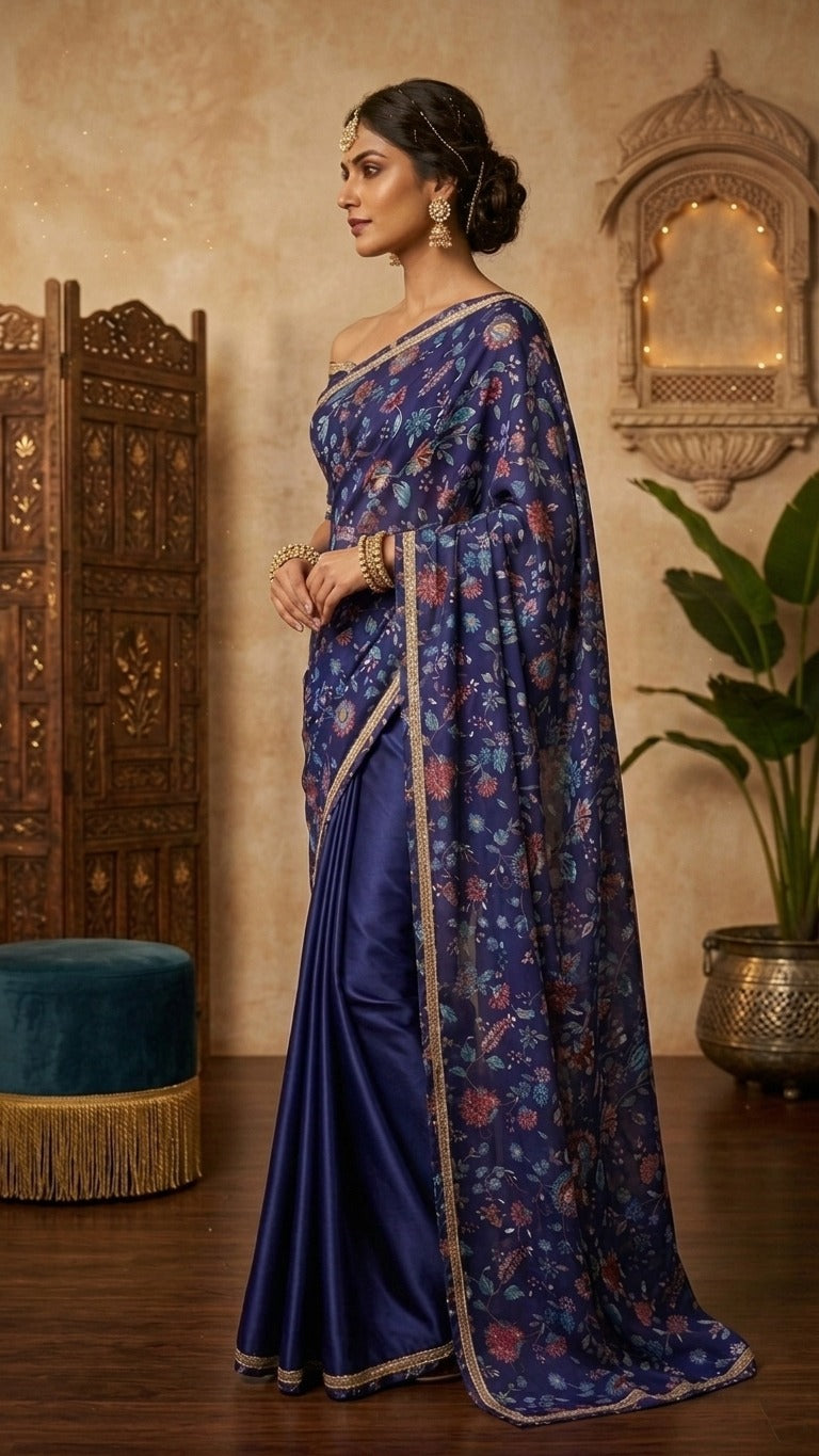 Royal Blue Floral Embroidered Cut Dana Silk Saree with Embellished Border & Blouse Fabric