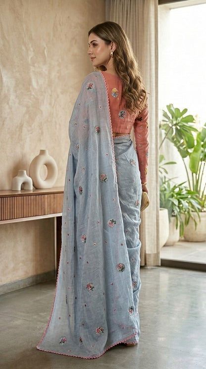 Dreamy Blue Floral Embroidered Pure Mul Chanderi Saree with Blouse Fabric