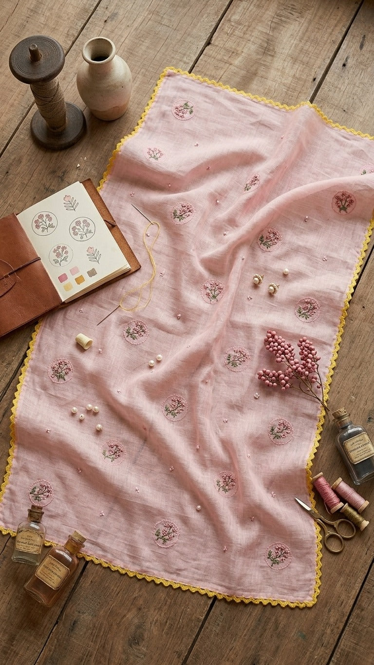 Vintage Floral Embroidered Mul Chanderi Lace Stole