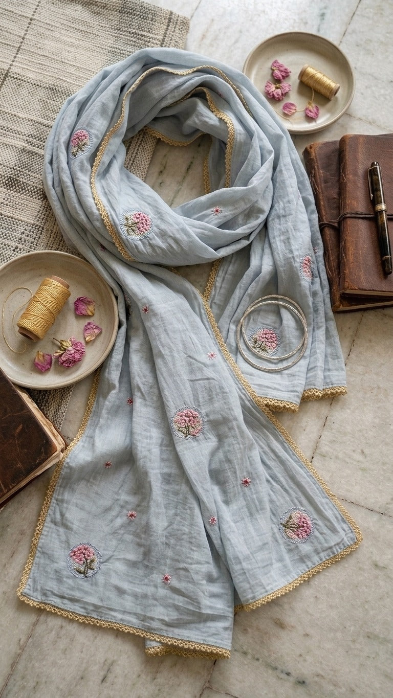 Serene Blue Floral Embroidered Mul Chanderi Lace Stole