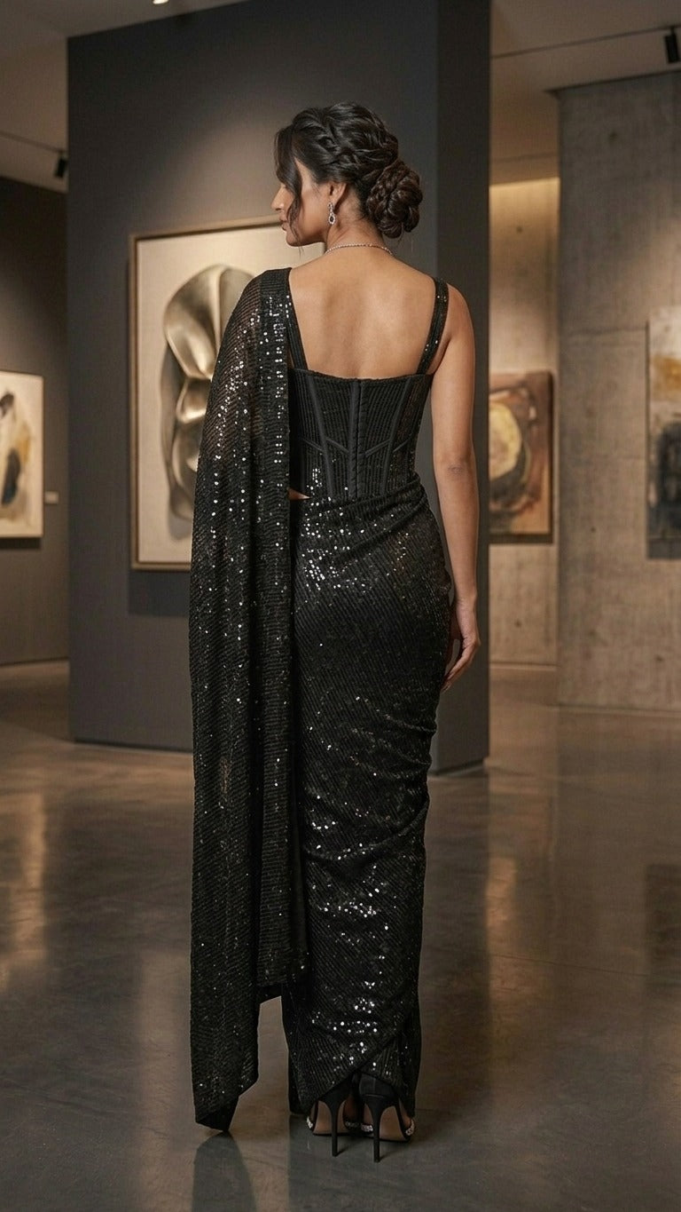 Black Diamond Glam Sequins Saree With Sequins Blouse Fabric