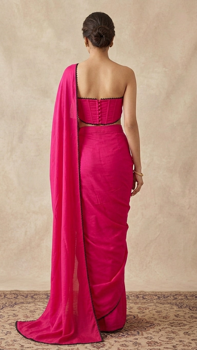 Hot Pink Chroma Saree with Scalloped Lace Detail & Blouse Fabric