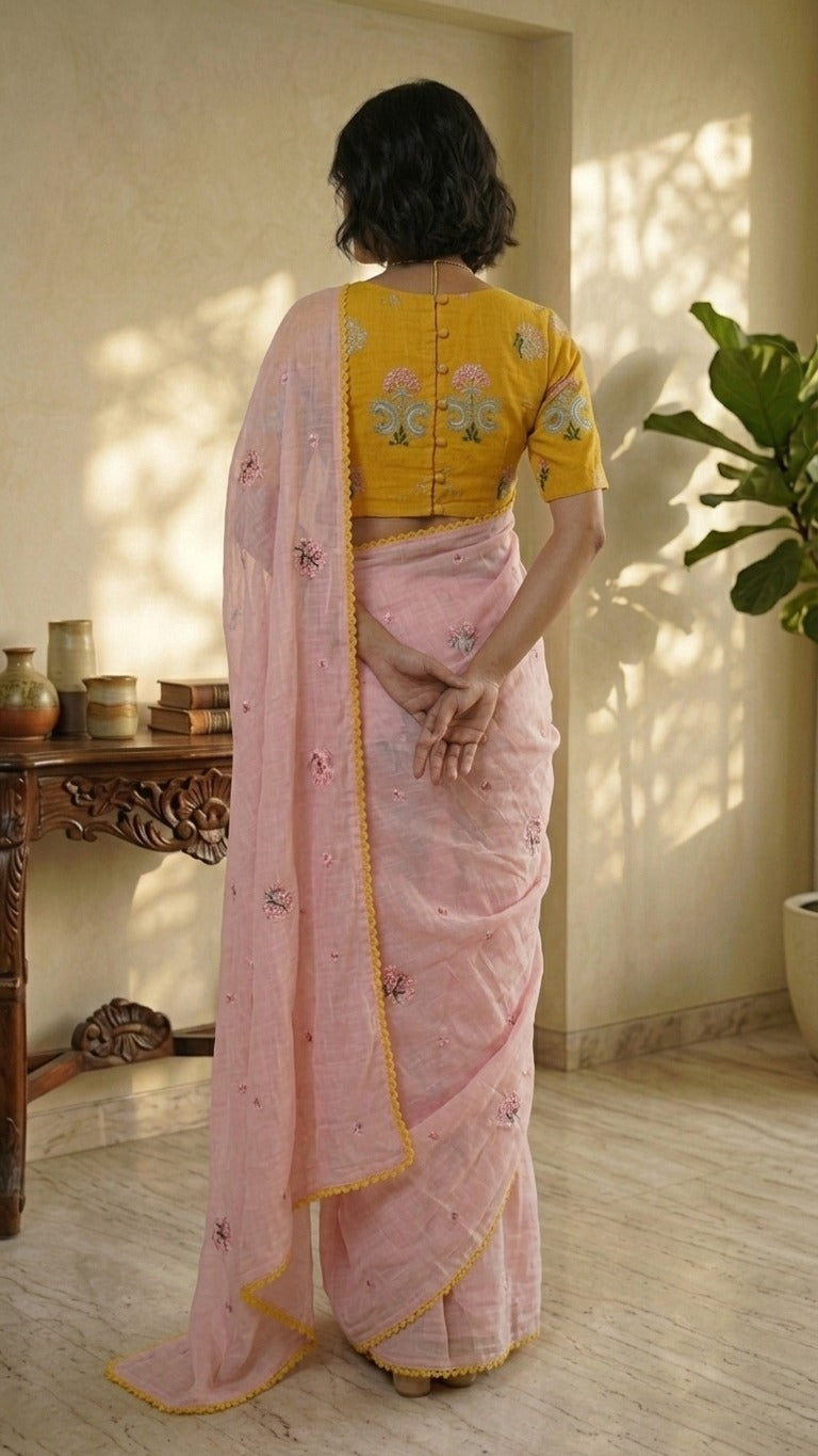 Charming Pastel Pink Embroidered Mul Chanderi Saree with Embroidered Blouse Fabirc