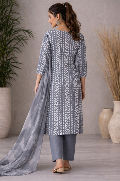 Slate Grey & White Geometric Print Unstitched Cotton Suit Set