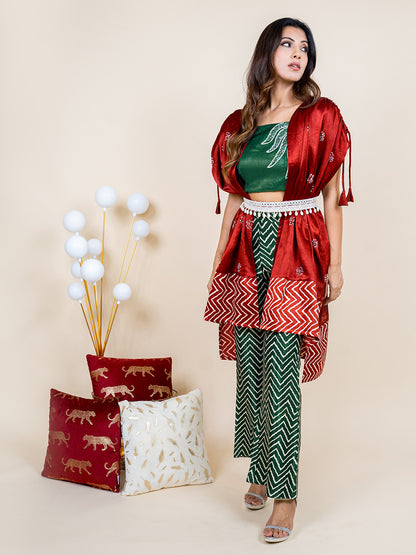 Premium Silk Maroon and Green Embroidered Leheriya Fusion Set with Belt (Set of 4)