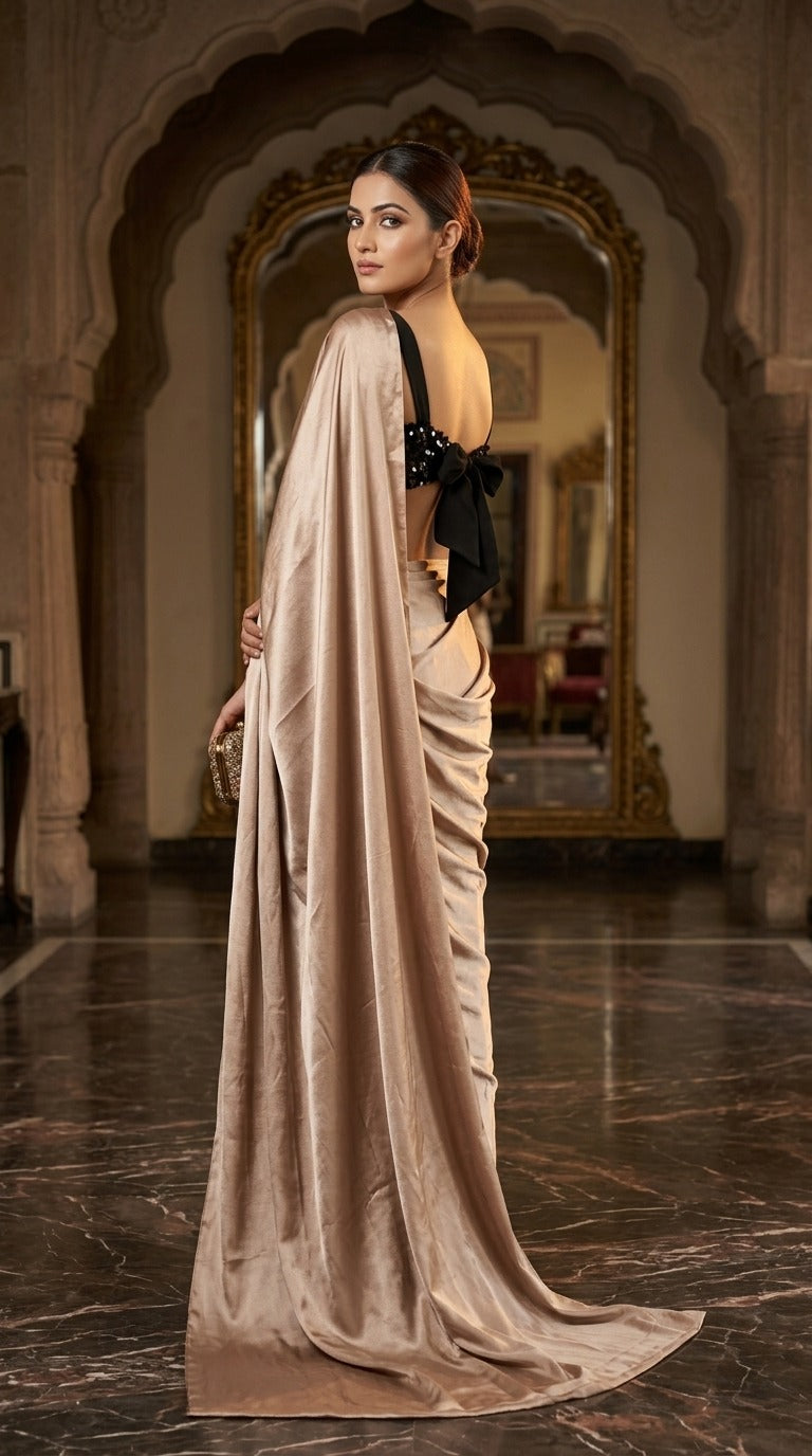 Ravishing Mocha Satin Saree With Full Sequins Blouse Fabric