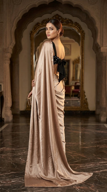Ravishing Mocha Satin Saree With Full Sequins Blouse Fabric