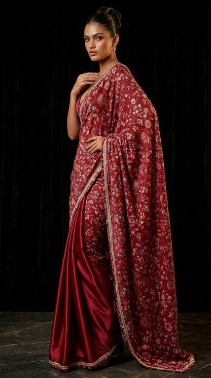 Crimson Floral Embroidered Cut Dana Silk Saree with Embellished Border & Blouse Fabric