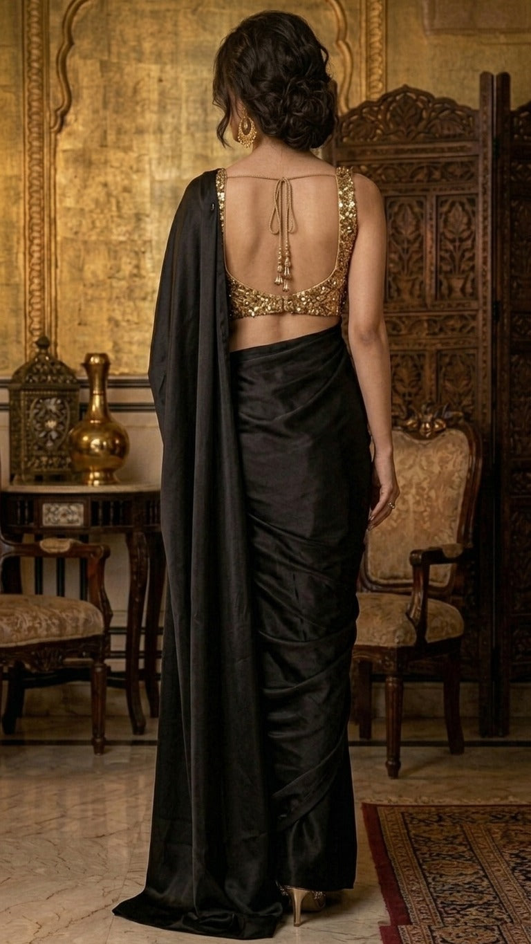 Midnight Noir Satin Saree with Gold Sequin Unstitched Blouse