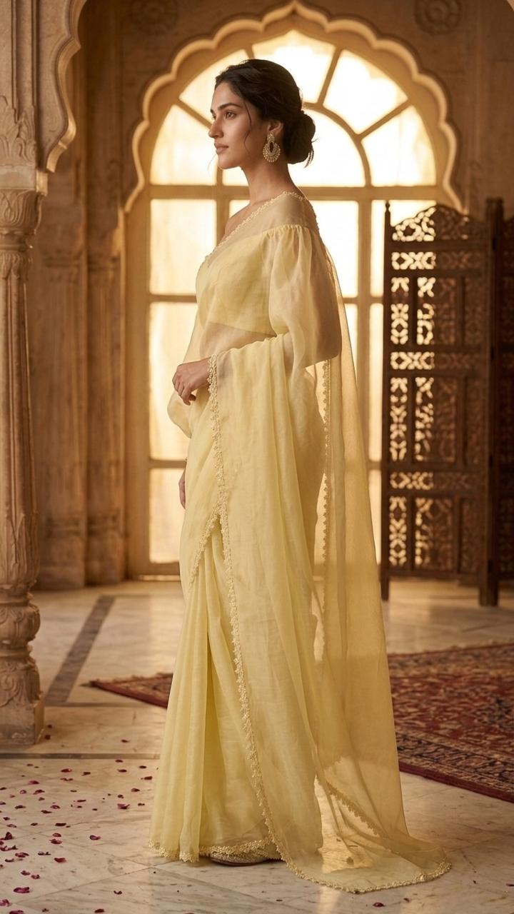 Pastel Yellow Organza Saree with Floral Lace and Blosue Fabric