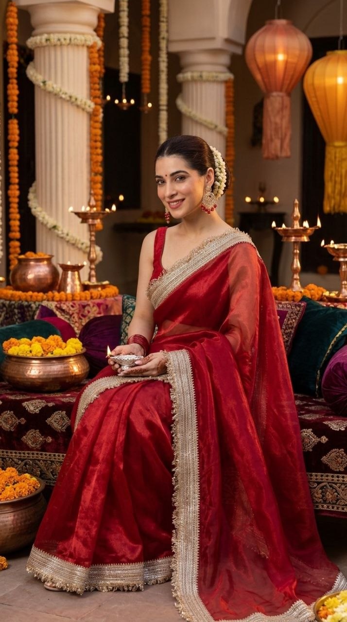 Ravishing Scarlet Radiance Tissue Saree with Luxe Hand Embellished Border & Blouse Fabric