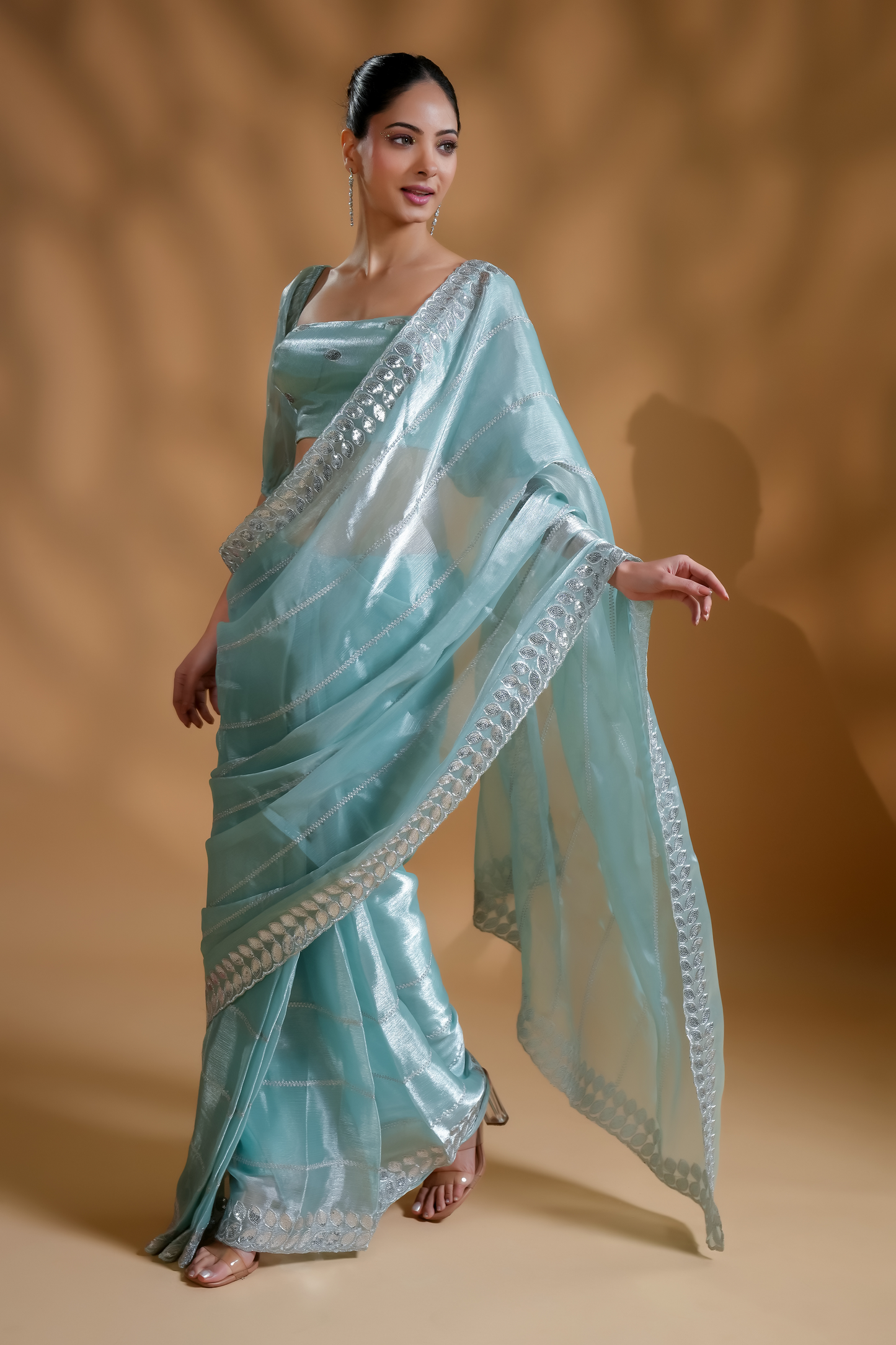 Elegant Aqua Light Embroidered Ready to Wear Saree with  Blouse Fabric