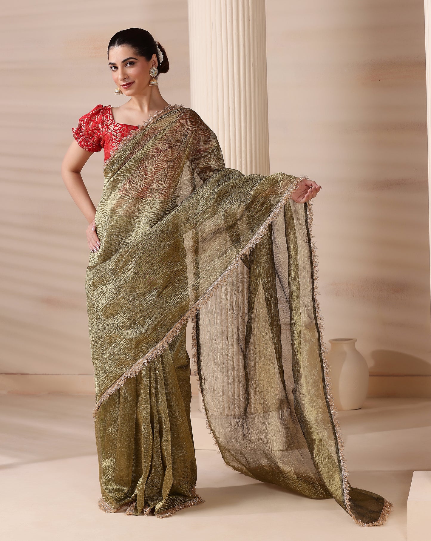 Emerald Whisper Premium Tissue Saree with Blouse Fabric