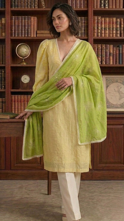 Enchanted Garden Floral Mul Chanderi Embroidered Lace Stole