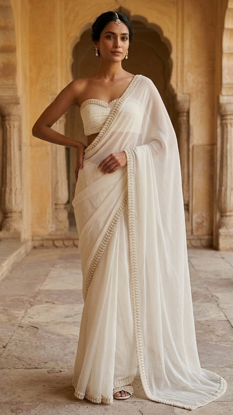 Luxe Pearl Embroidered Chinnon Crush Saree