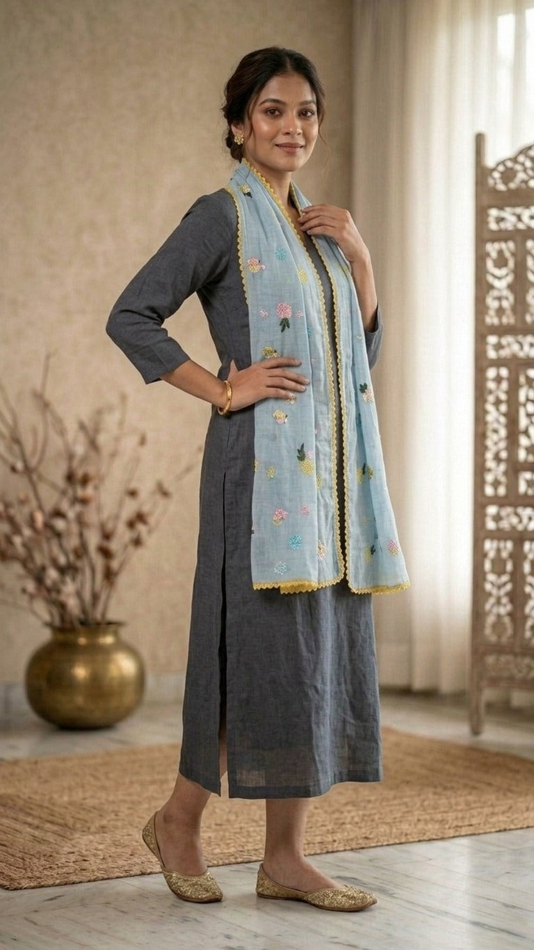 Serene Sky Blue Floral Mul Chanderi Embroidered Lace Stole