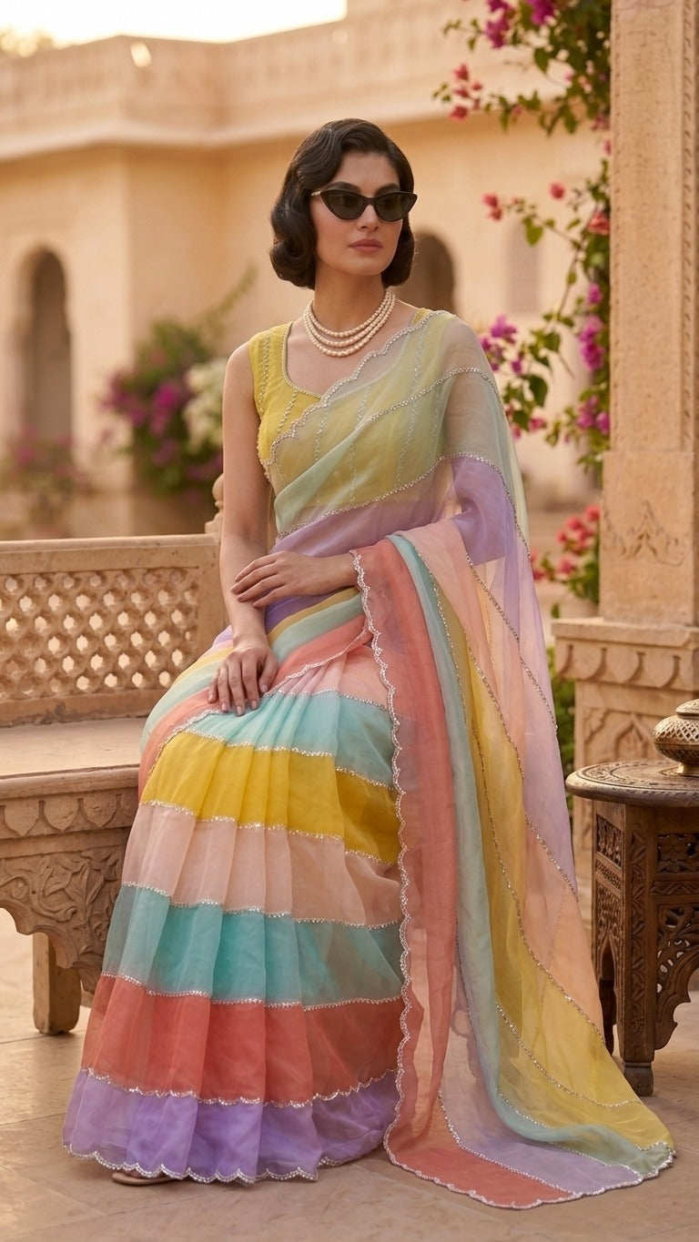 Rainbow Pastel Premium Embroidered Organza Saree with Embroidered Blouse Fabric