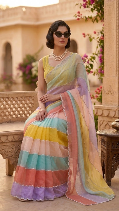 Rainbow Pastel Premium Embroidered Organza Saree with Embroidered Blouse Fabric