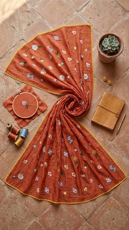 Timeless Rust Floral Embroidered Mul Chanderi Lace Stole