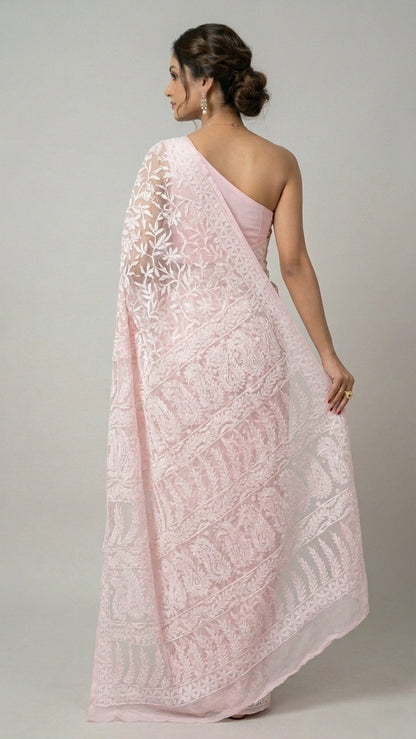Blush Pink Pure Chikankari Georgette Heavy Embroidery Saree with Blouse Fabric
