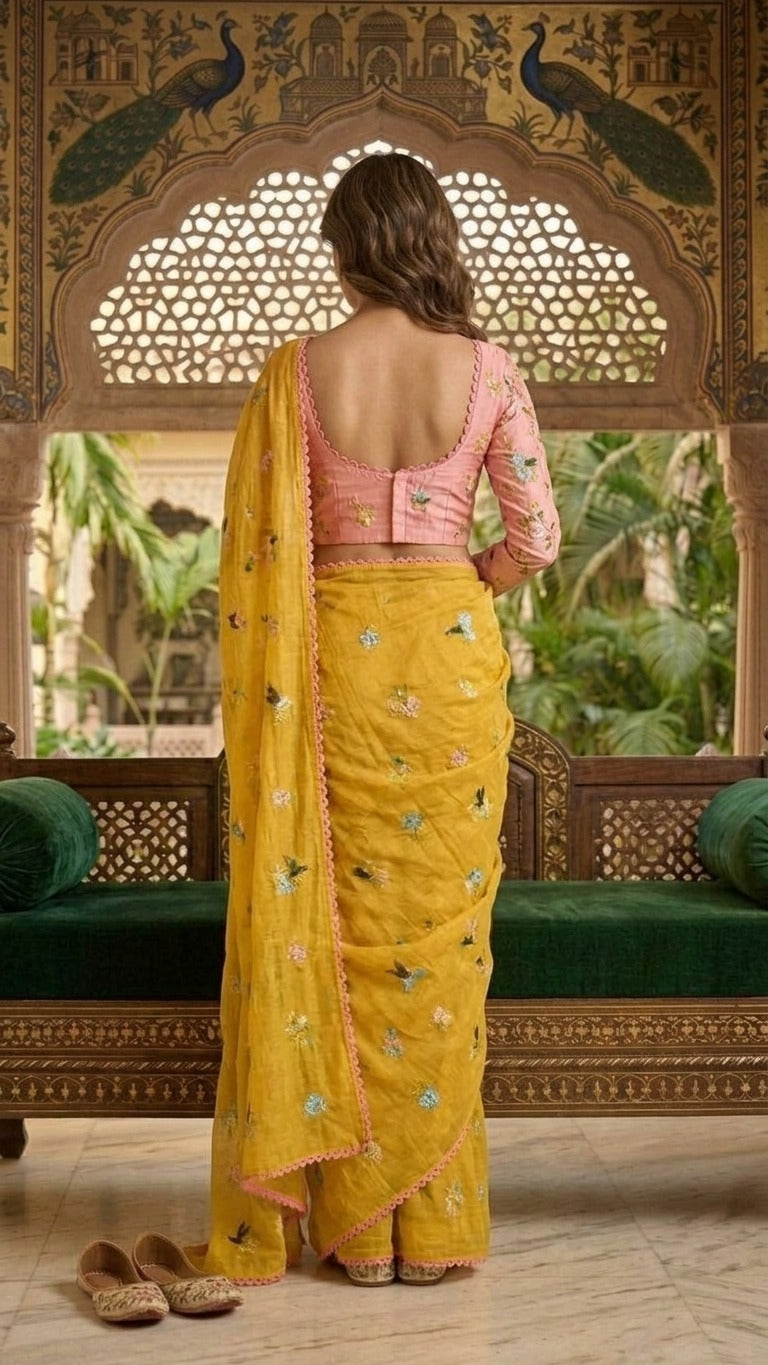 Sunlit Yellow Floral Embroidered Pure Mul Chanderi Saree with Blouse Fabric