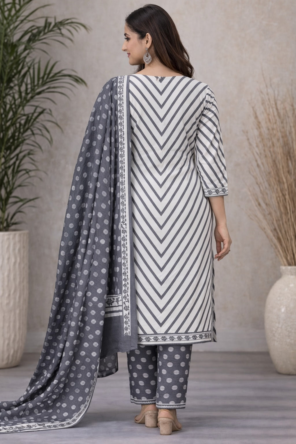 Mystic Forest Charcoal & Cream Unstitched Cotton Suit Set