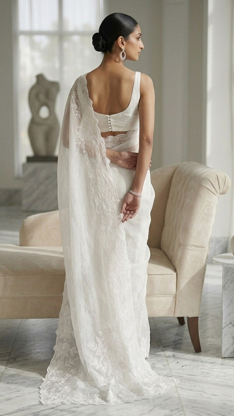 Pristine White Organza Saree with Delicate Floral Embroidery & Blouse Fabric
