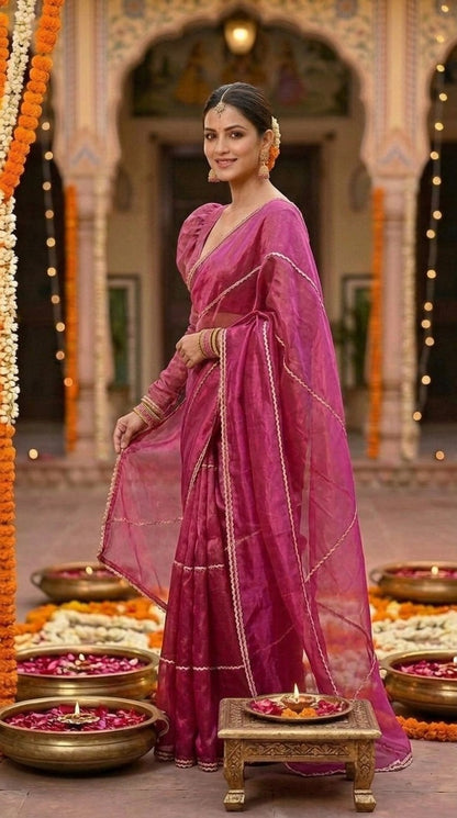 Gulabi Noor Tissue Silk Saree with Lace Work