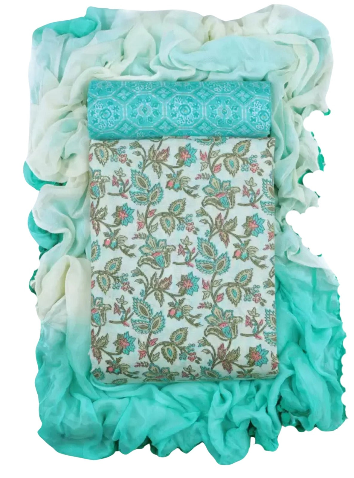 Mint Green Floral Kalamkari Print Unstitched Cotton Suit Set