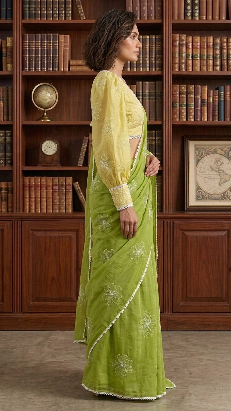 Olive Petal Pure Mul Chanderi Cotton Embroidered Saree with Blouse Fabric