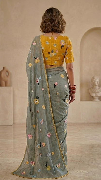 Earthy Sage Floral Embroidered Pure Mul Chanderi Saree with Blouse Fabric