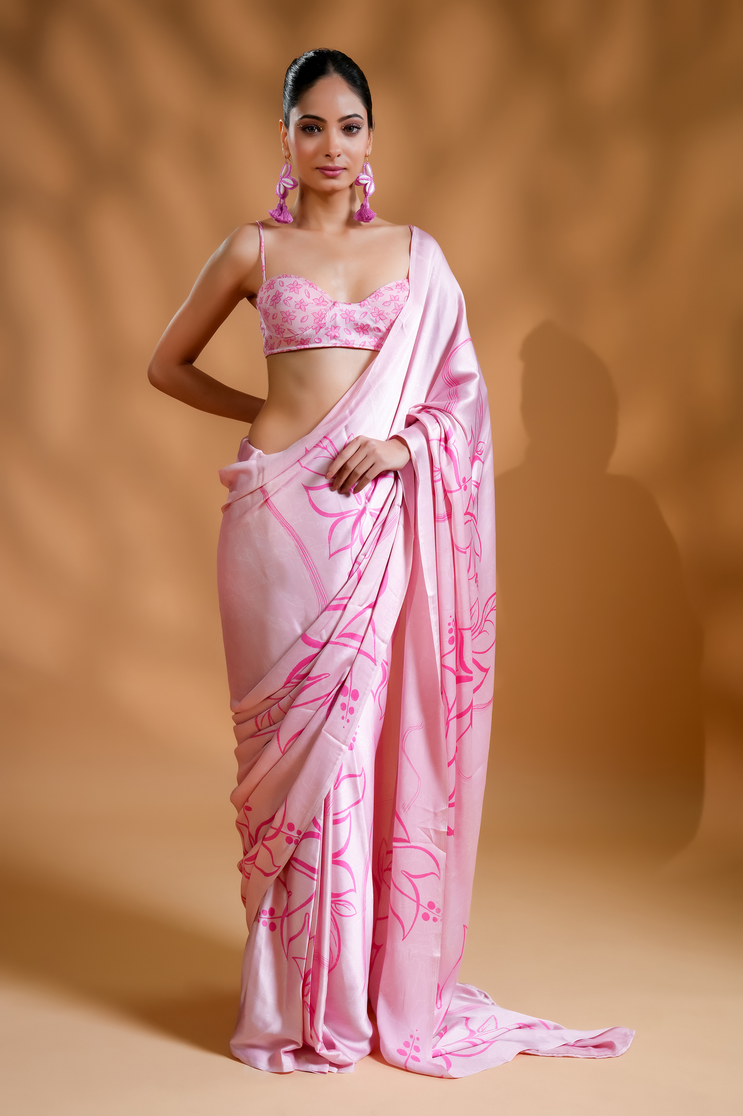 Luxe Premium Satin Pink Ready to Wear Saree and Blouse Fabric