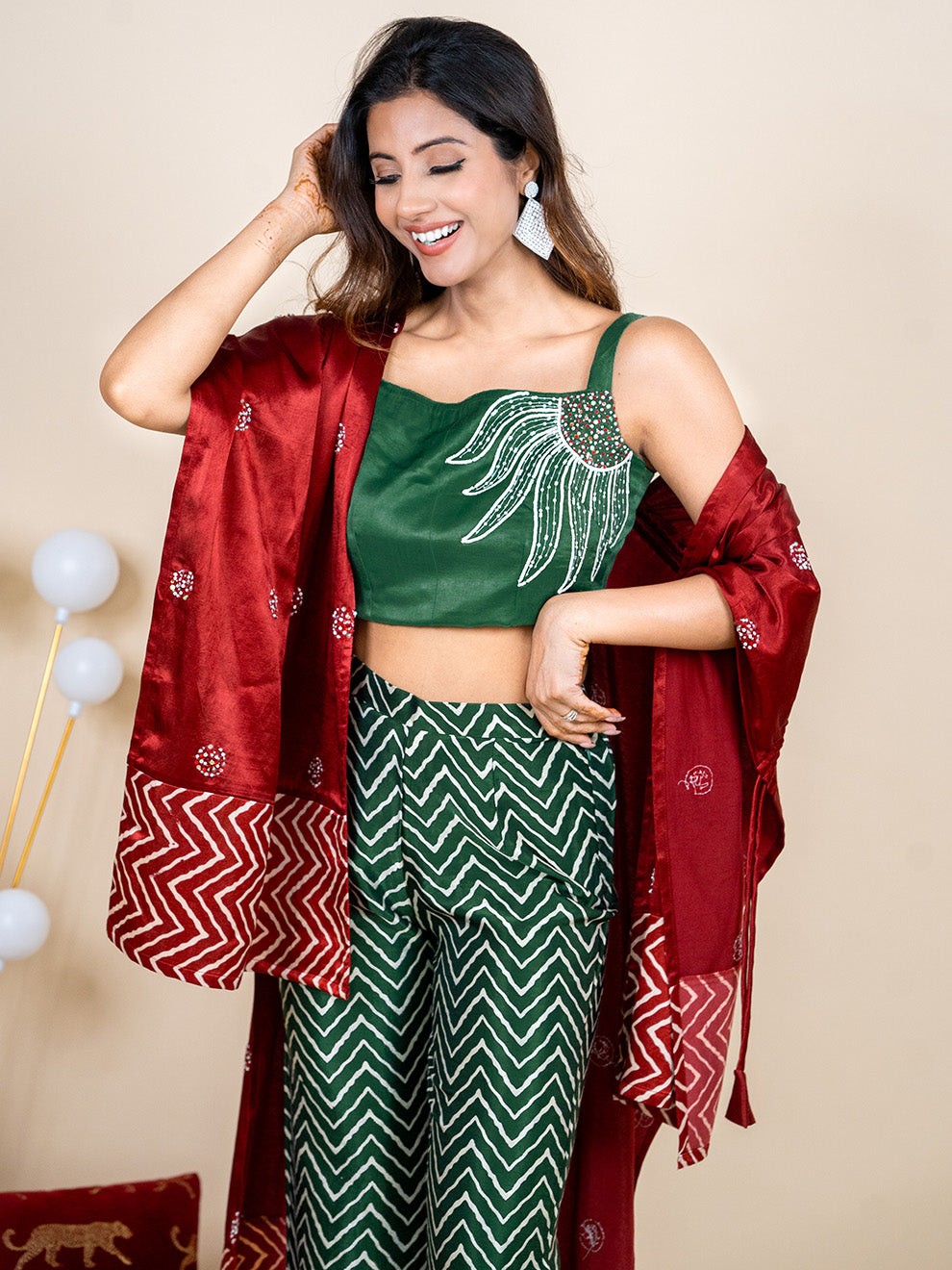 Green and Maroon 3-Piece Premium Co-ord Set with Hand-embroidered Dori Jacket