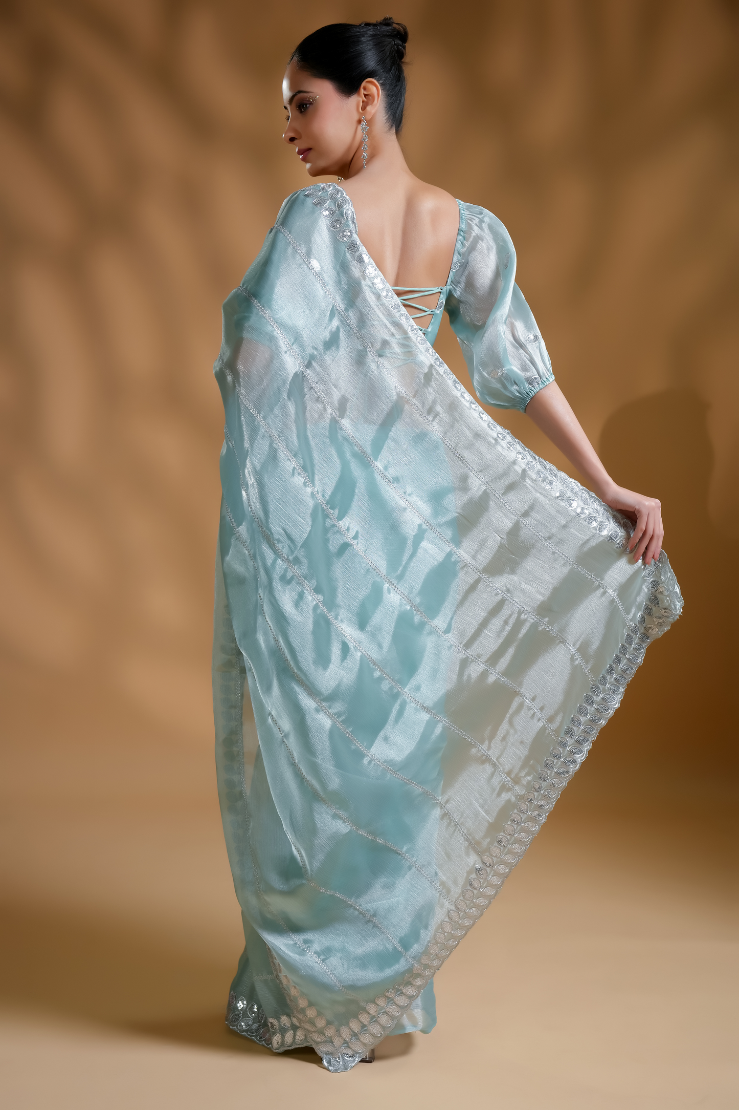 Elegant Aqua Light Embroidered Ready to Wear Saree with  Blouse Fabric